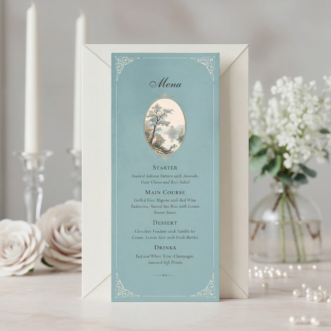 French Heron Dusty Blue Wedding Menu (Criador carregado)