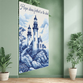 French Toile Porcelain Style Blue White Lighthouse