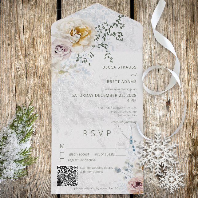 Frosty Winter Pastel Floral Moderno Código QR (Also available without a QR code; with or without dinner selection options.)