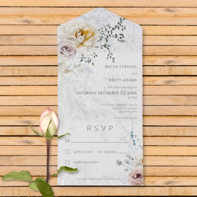Frosty Winter Pastel Floral Moderno Sem Janto (Also available with a QR code or with dinner selection options.)