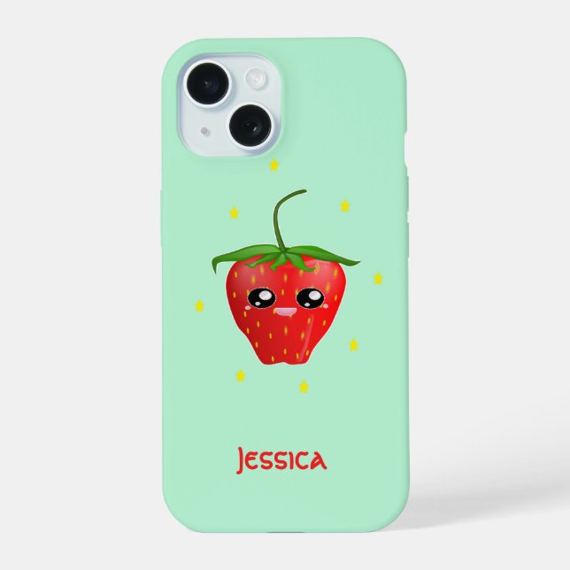 Fruta de morango monograma kawaii em turquesa (Verso)