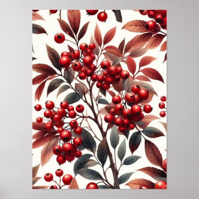 Fruta de Padrão de  de Winterberry Vermelho Poster (Frente)