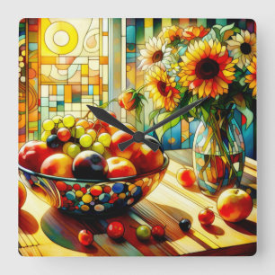 Frutas de aquarela e Relógio de Parede de Flores