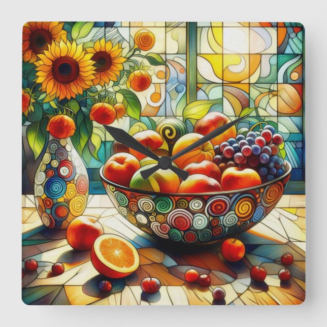 Frutas de aquarela e Relógio de Parede de Flores (Frente)