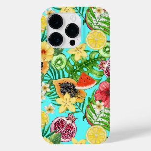 Frutas tropicais, flores e folhas em azul