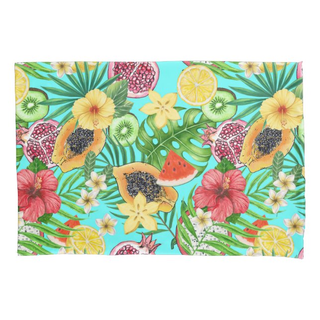 Frutas tropicais, flores e folhas em azul (Frente-Esquerda)