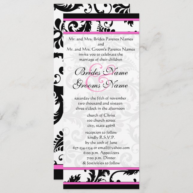 Fuchsia 9x4 Damask Swirls Convite De Casamento (Frente/Verso)