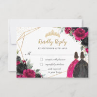 Fuchsia Black Floral Twins Quinceañera XV Resposta
