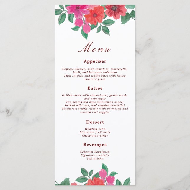 Fuchsia Watercolor - Menus de Casamento Floral (Frente)