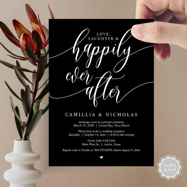 Fuga de Casamento, Felizes para Sempre Convite de  (Wedding Elopement, To Love Laughter and Happily Ever After Party Invitation Card, PDF, Classy Black)
