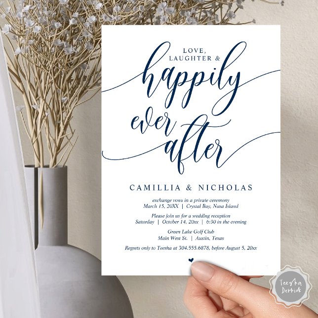Fuga de Casamento, Felizes para Sempre Convite de  (Wedding Elopement, Happily Ever After Party Invitation Card, PDF, Navy Blue)