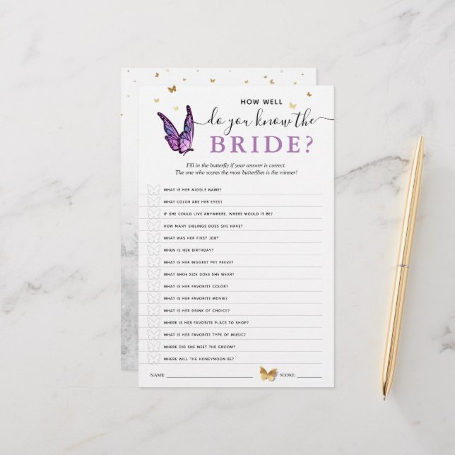 Fun Purple Watercolor Butterfly Bridal Shower Game (Frente/Verso In Situ)
