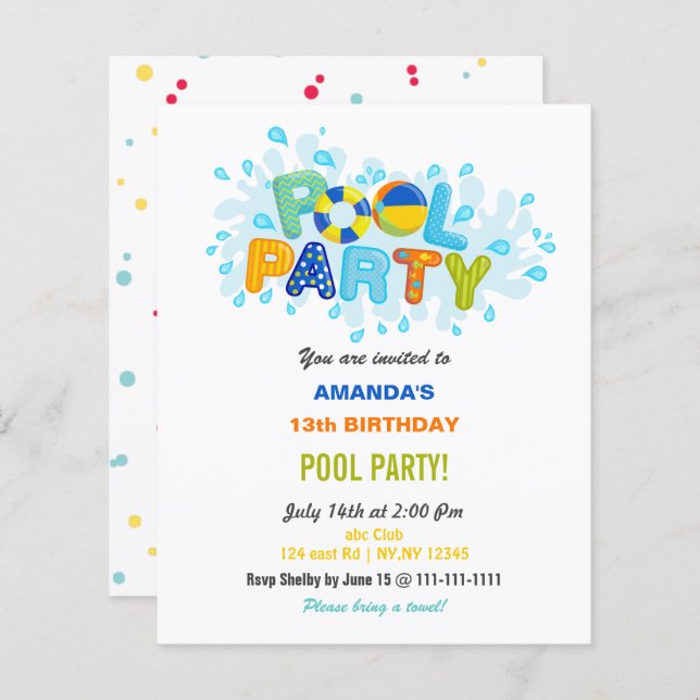 Fun Summer Swimming Pool Party Birthday  (Frente/Verso)