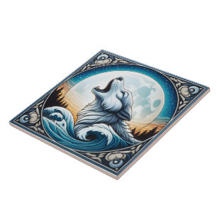Fundo Oceano e Lua com Design de Azulejo de Lobo
