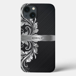 Fundo Preto de Supressão Floral de Prata Metálica