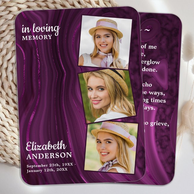 Funeral 3 Foto Memorial Prayer Card Purple Marble (Criador carregado)
