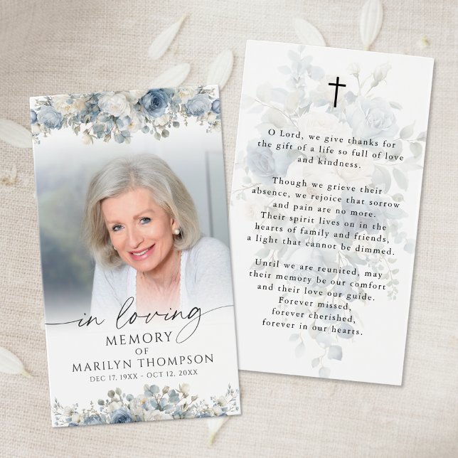 Funeral Blue Floral Photo Sympathy Prayer Card (Criador carregado)