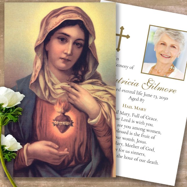 Funeral Mary Sacred Heart Reyer Cartões de condolê (catholic, religious, celebration of life, in loving memory of, prayer cards for bereavement)