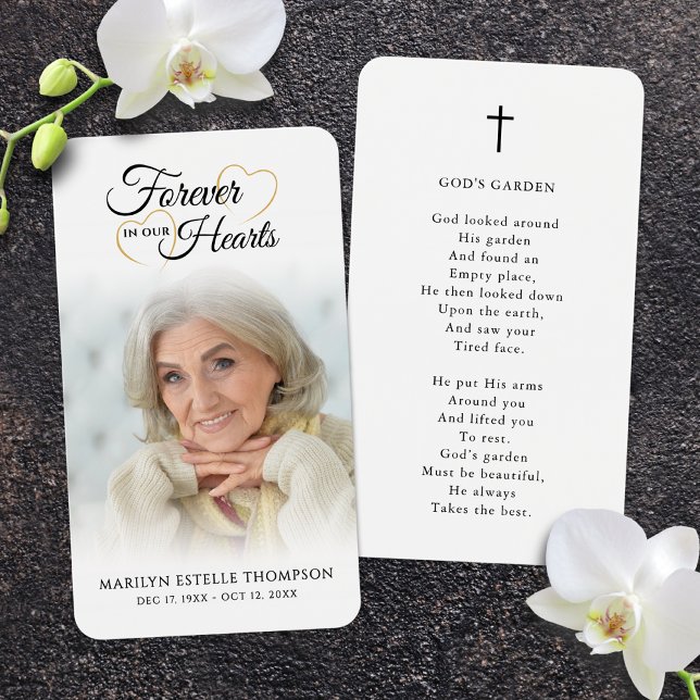 Funeral Photo Forever Hearts Cross Prayer Card (Criador carregado)