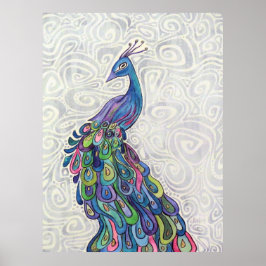 Funky Watercolor Peacock Original Art Poster