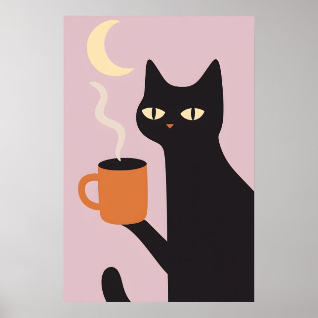 Funny Black Cat Coffee Moon Poster (Frente)