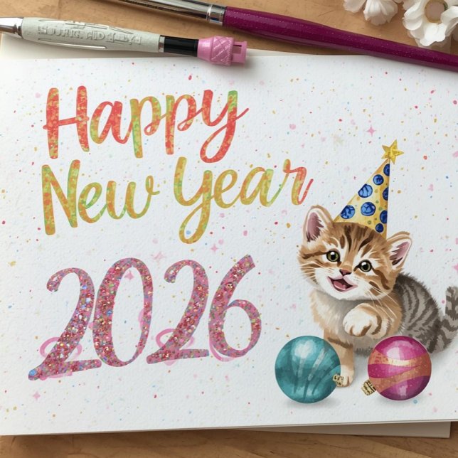 funny cat happy new year Flat Card (Criador carregado)