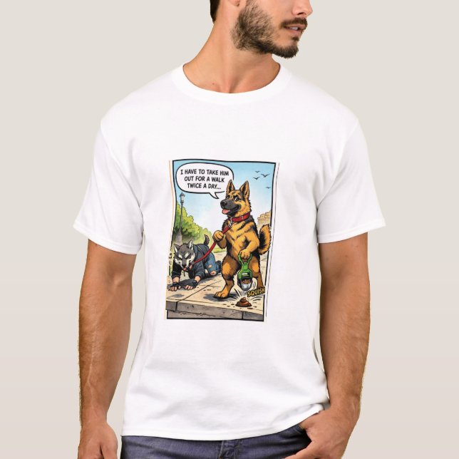 Funny Dog Walking Human Comic Graphic T-Shirt (Frente)