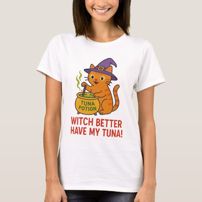 Funny Halloween Cat Witch T-Shirt  (Frente)
