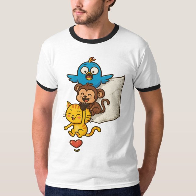 Funny Pocket Cartoon Trio – Cute Hanging T-Shirt (Frente)