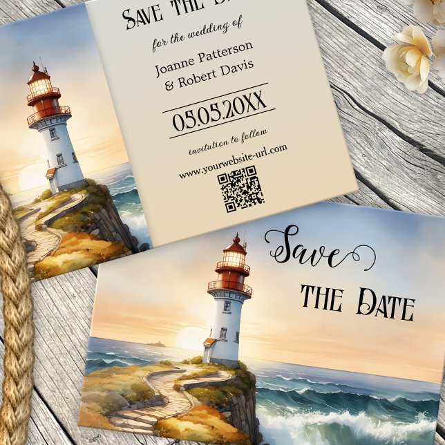 Fuso costeiro do farol náutico Guarde o cartão de  (Nautical Save the Date card featuring a watercolor painting of a lighthouse at sunset - QR code)