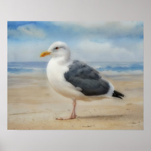 Gaivota na Praia Poster de Arte de Pássaros