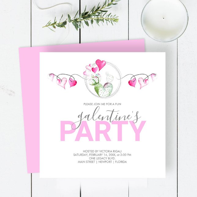 Galantines Convite de Aniversário Online (Galentines party invite watercolor pink hearts and cactus by Victoria Grigaliunas of Do Tell A Belle)