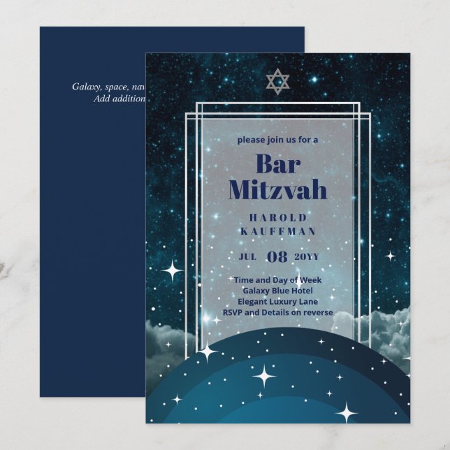 GALAXY Boys BAR MITVAH Espaço Convite Azul (Frente/Verso)