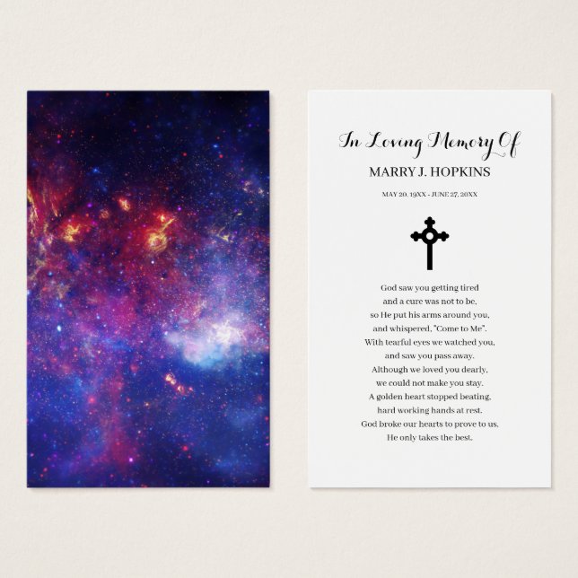 Galaxy Nebula Simpatia Funeral Cartão de Oração (Frente & Verso)