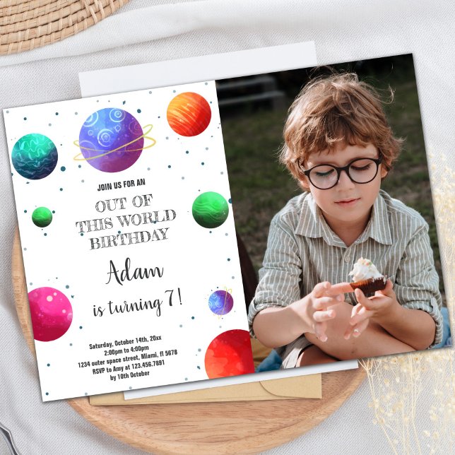 Galaxy Planets Convite de Aniversário com Foto (Galaxy Planets Birthday Invitations with photo)