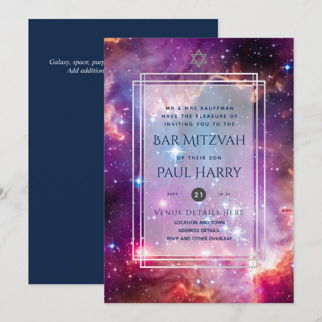 Galaxy Starry Night BAR MITZVAH Convite Marinho (Frente/Verso)