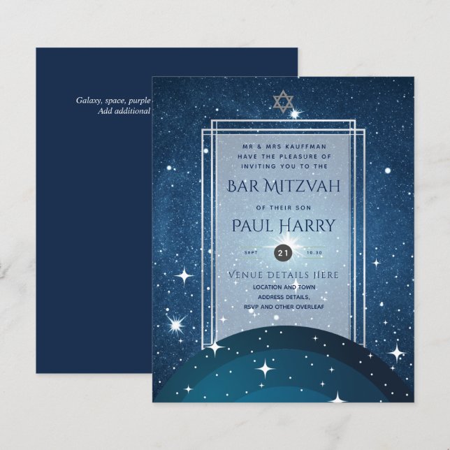 Galaxy Starry Night BAR MITZVAH Convite Marinho (Frente/Verso)