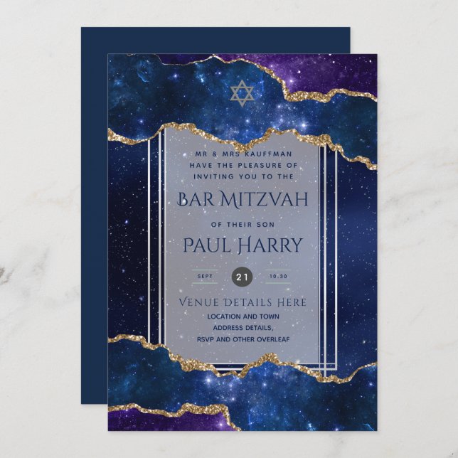 Galaxy Starry Night BAR MITZVAH Convite Marinho (Frente/Verso)