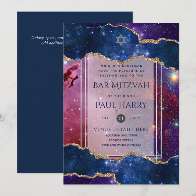Galaxy Starry Night BAR MITZVAH Convite Marinho (Frente/Verso)