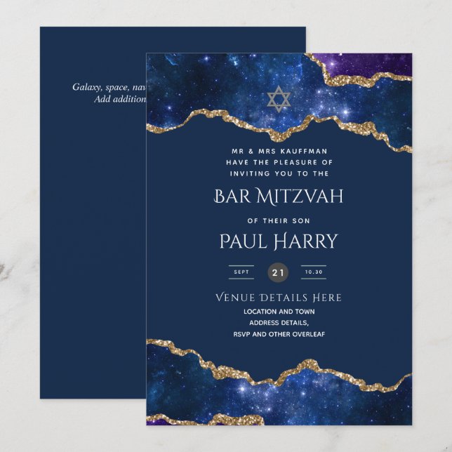 Galaxy Starry Night BAR MITZVAH Convite Marinho (Frente/Verso)