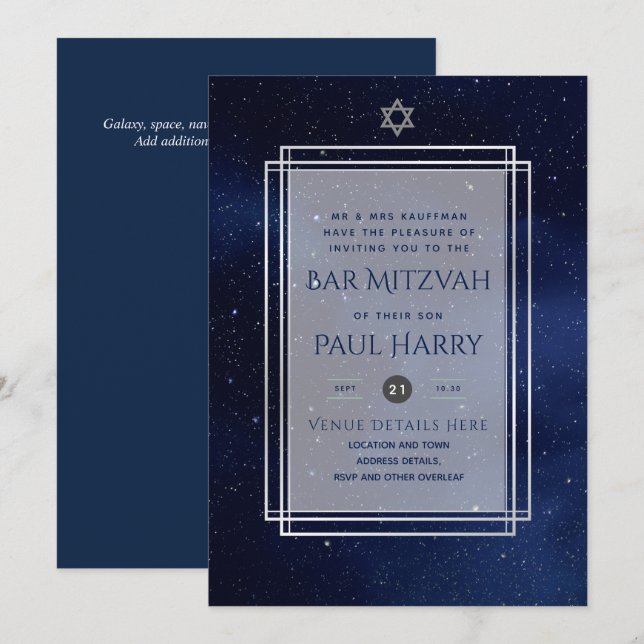 Galaxy Starry Night BAR MITZVAH Convite Marinho (Frente/Verso)