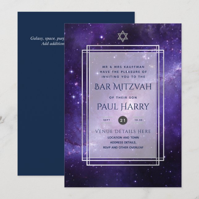 Galaxy Starry Night BAR MITZVAH Convite Marinho (Frente/Verso)