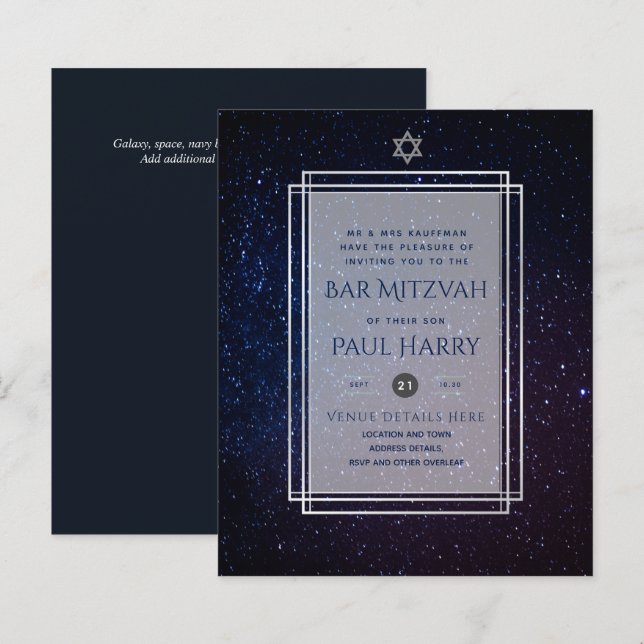Galaxy Starry Night BAR MITZVAH Convite Marinho (Frente/Verso)