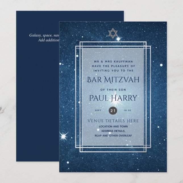 Galaxy Starry Night BAR MITZVAH Convite Marinho (Frente/Verso)