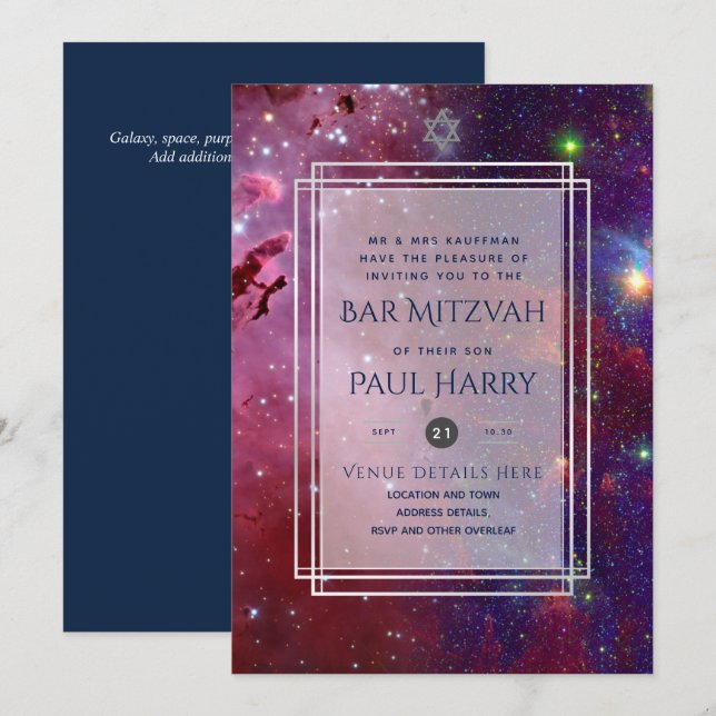 Galaxy Starry Night BAR MITZVAH Convite Marinho (Frente/Verso)