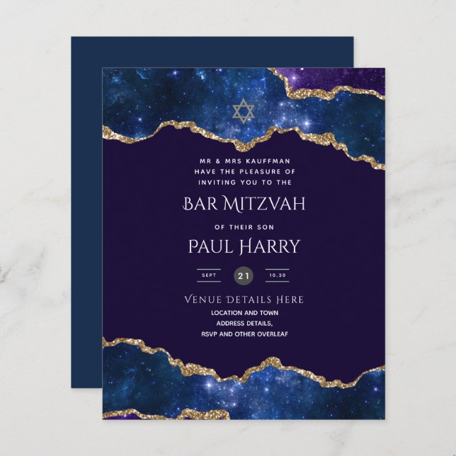 Galaxy Starry Night BAR MITZVAH Convite Marinho (Frente/Verso)