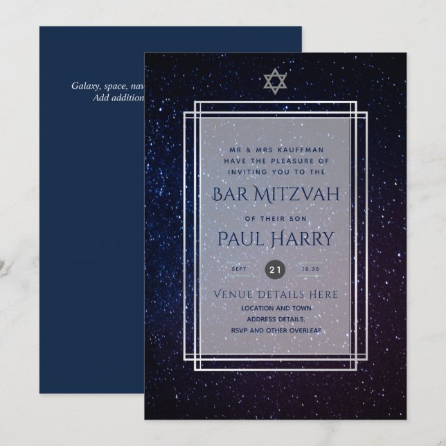 Galaxy Starry Night BAR MITZVAH Convite Marinho (Frente/Verso)