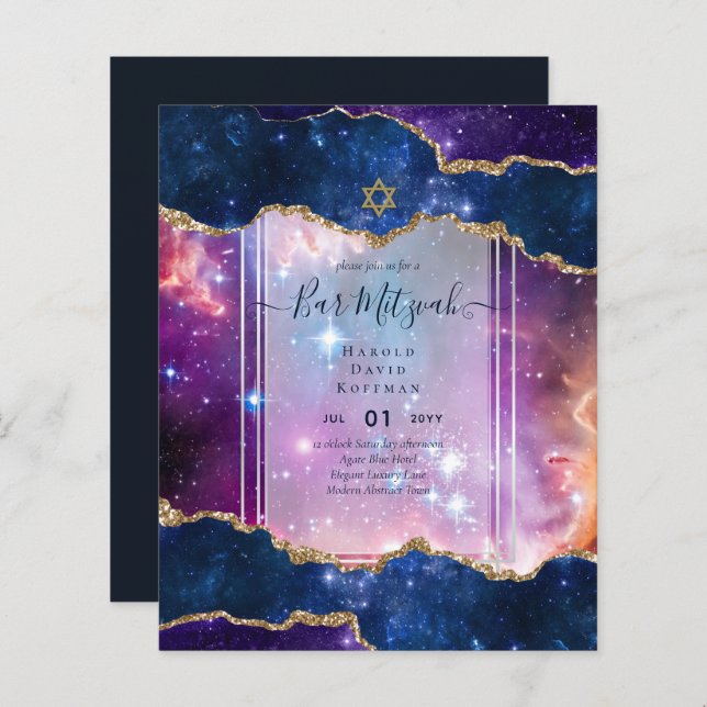 Galaxy Starry Night BAR MITZVAH Convites Azul (Frente/Verso)