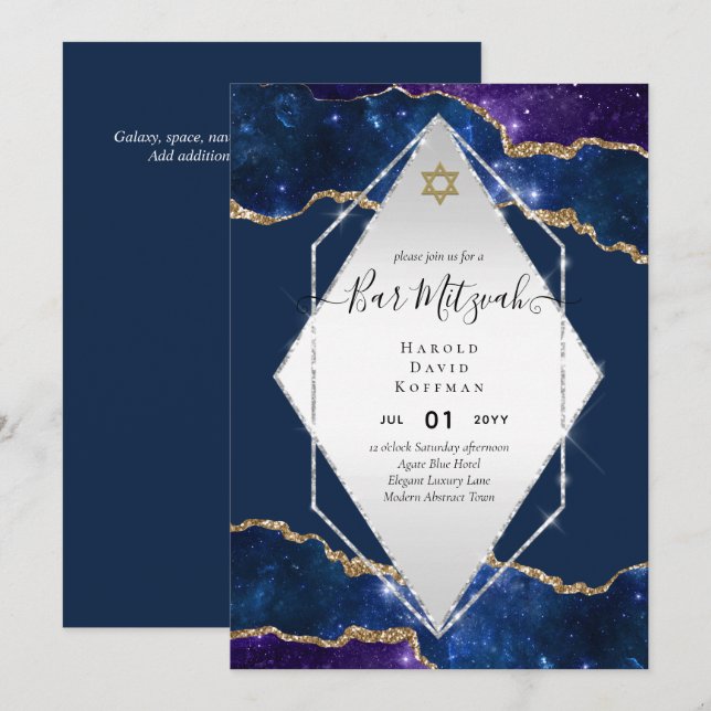 Galaxy Starry Night BAR MITZVAH Convites Azul (Frente/Verso)