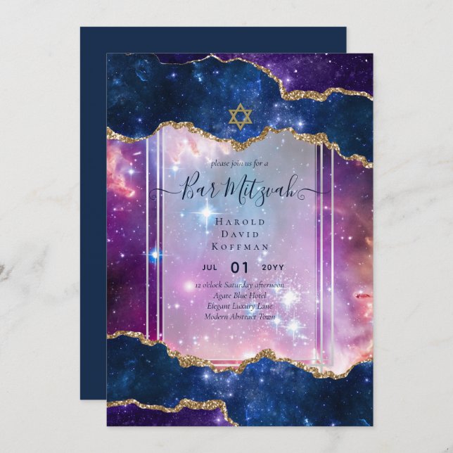 Galaxy Starry Night BAR MITZVAH Convites Azul (Frente/Verso)